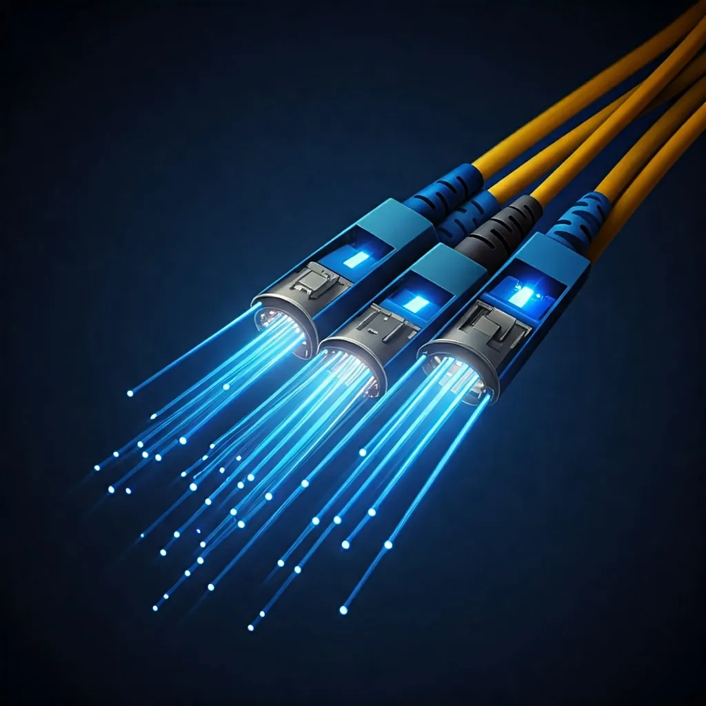 Cabos de fibra óptica iluminados, conectados a um equipamento de rede