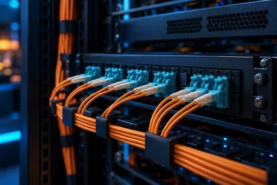 Conectores de fibra óptica organizados em um painel de rede profissional
