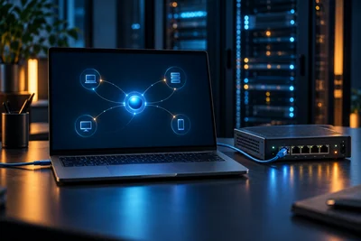 Notebook conectado a um gateway mostrando os dispositivos de uma rede corporativa