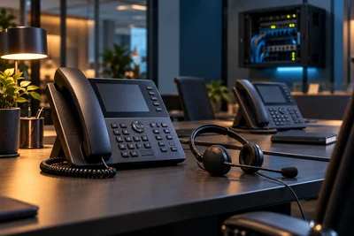 Telefones e headset de atendimento conectados à rede de um escritório