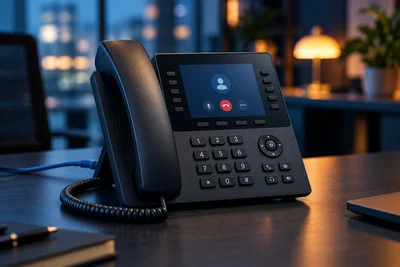Telefone IP de mesa com chamada na tela e cabo de rede conectado