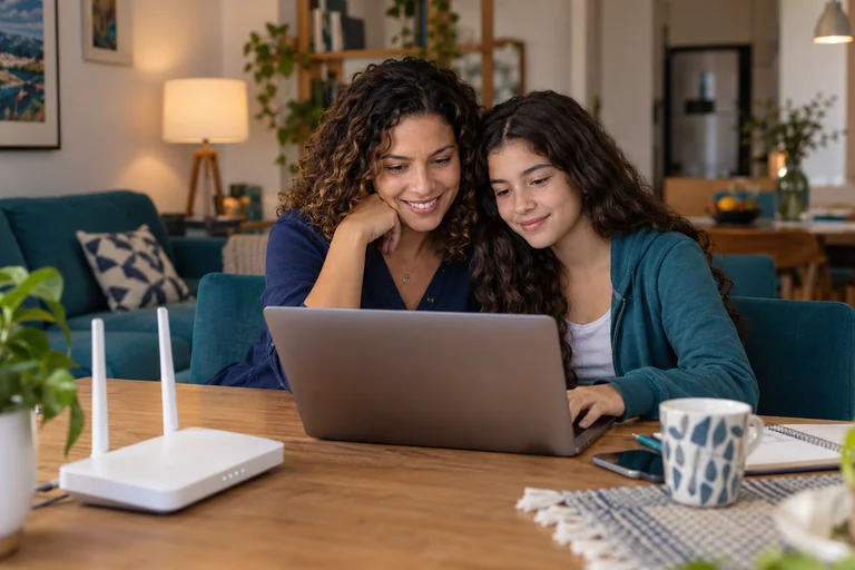 Mãe e filha usando um notebook em casa, com roteador Wi-Fi sobre a mesa