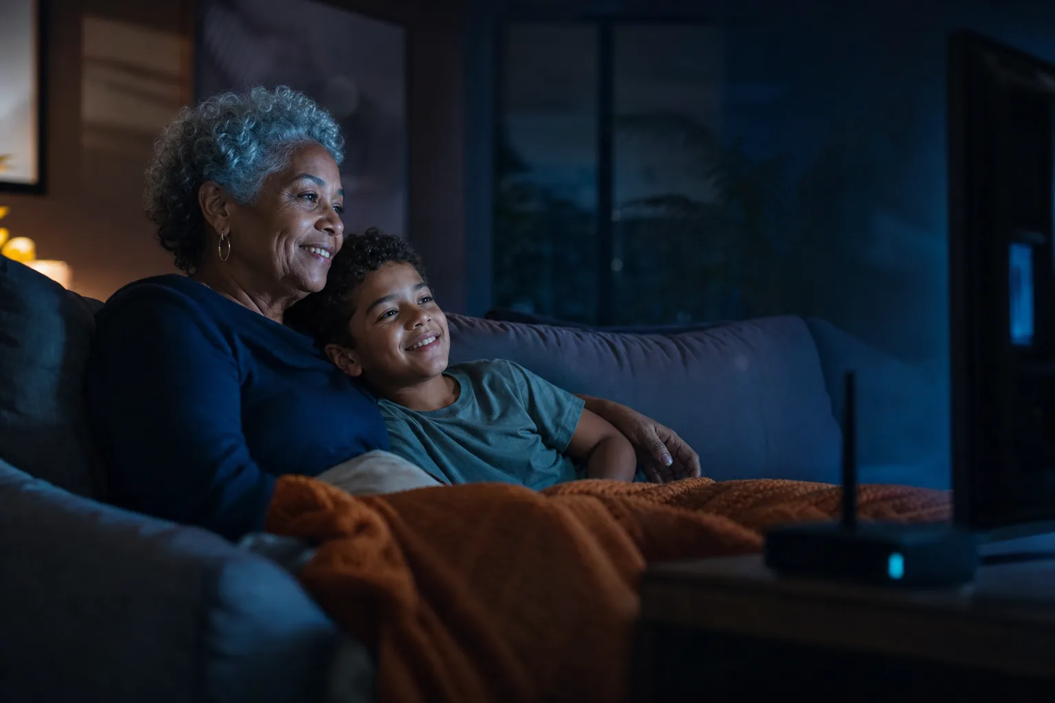 Avó e neto assistindo TV juntos à noite com a internet fibra da VirtualNet