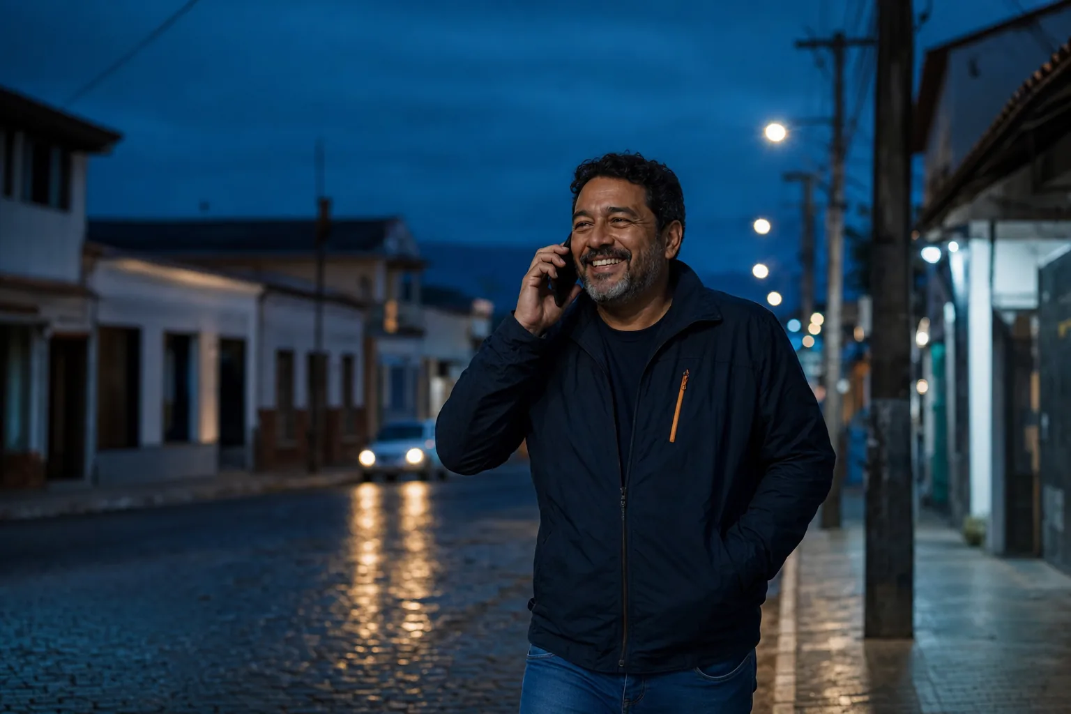 Homem caminhando pela cidade falando ao celular com o chip VirtualNet