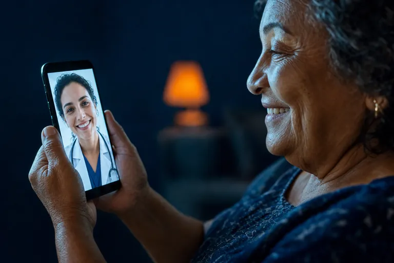 Senhora sorrindo em consulta por vídeo com a médica pelo celular