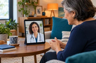 Senhora conversando por vídeo com uma médica na tela de um tablet