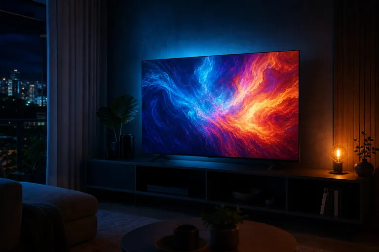TV grande numa sala aconchegante à noite
