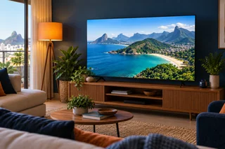 Televisão exibindo uma paisagem litorânea em uma sala aconchegante
