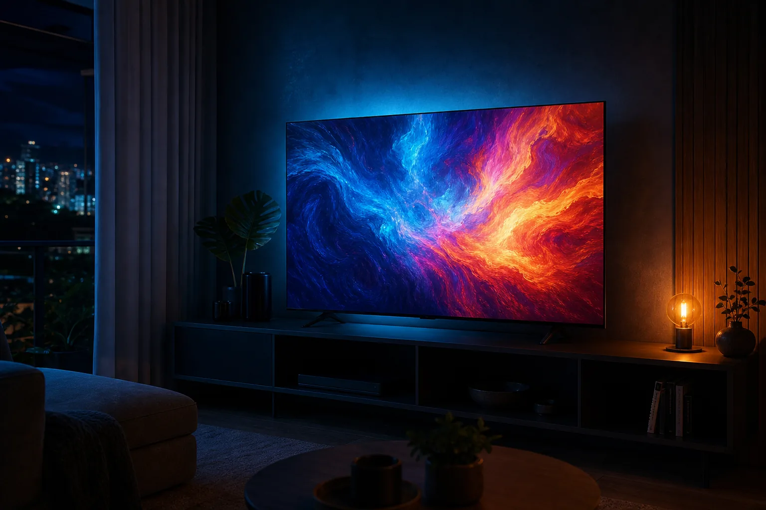 TV grande numa sala aconchegante à noite com a TV VirtualNet
